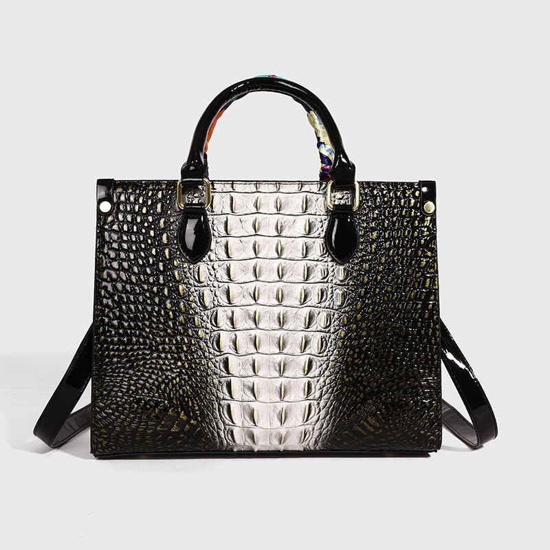 Fashionable golden crocodile patterned handbag with silk scarf
