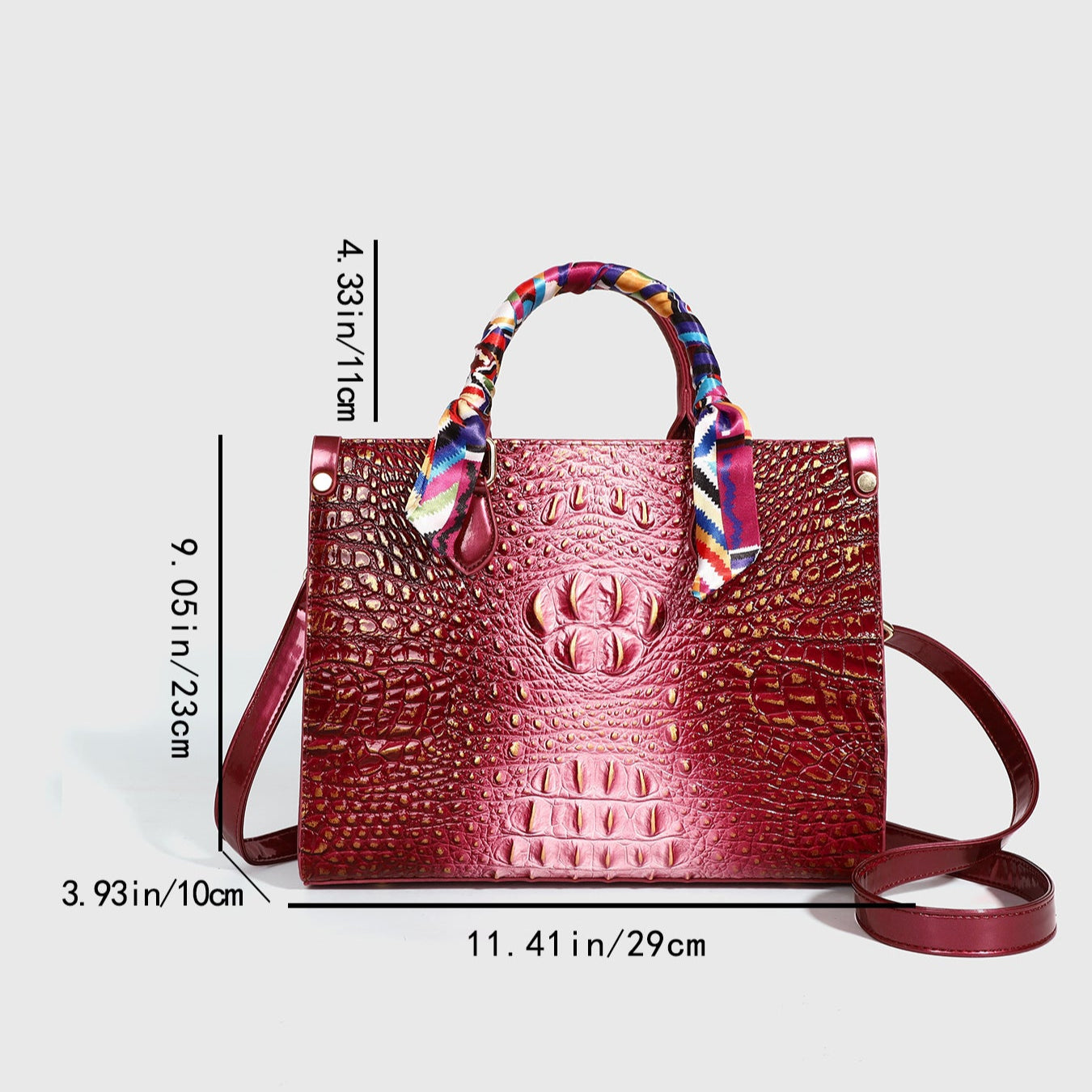 Fashionable golden crocodile patterned handbag with silk scarf