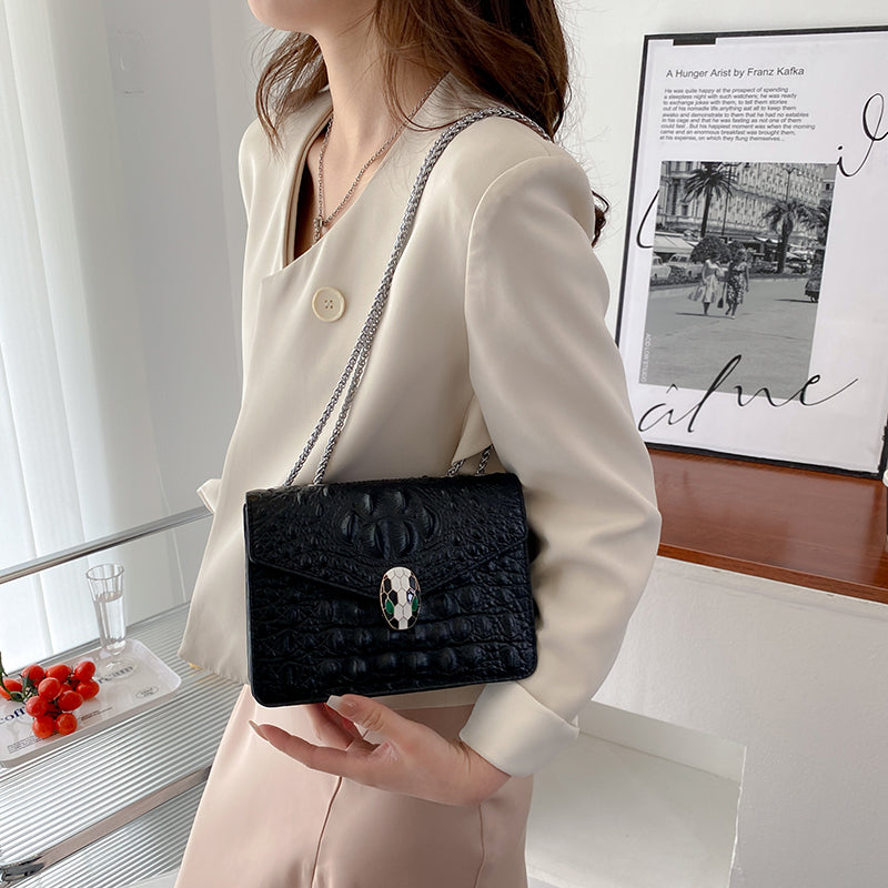 Cowhide Crocodile Pattern Chain Messenger Bag