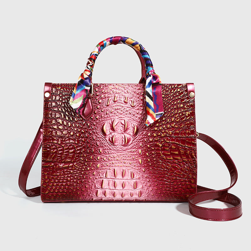 Fashionable golden crocodile patterned handbag with silk scarf