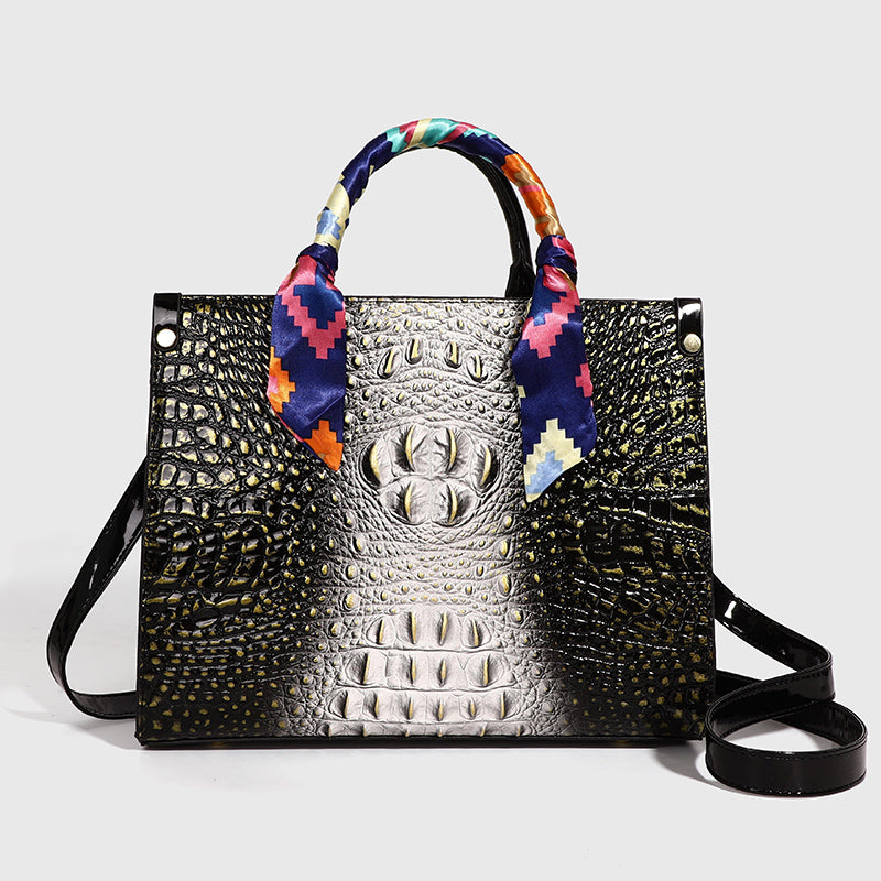 Fashionable golden crocodile patterned handbag with silk scarf