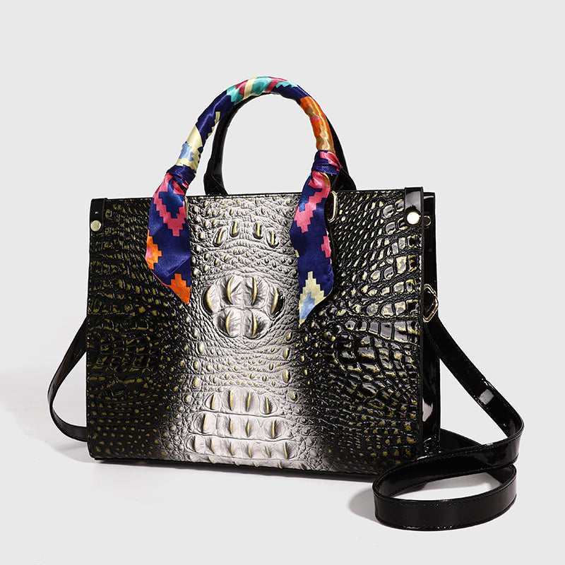 Fashionable golden crocodile patterned handbag with silk scarf