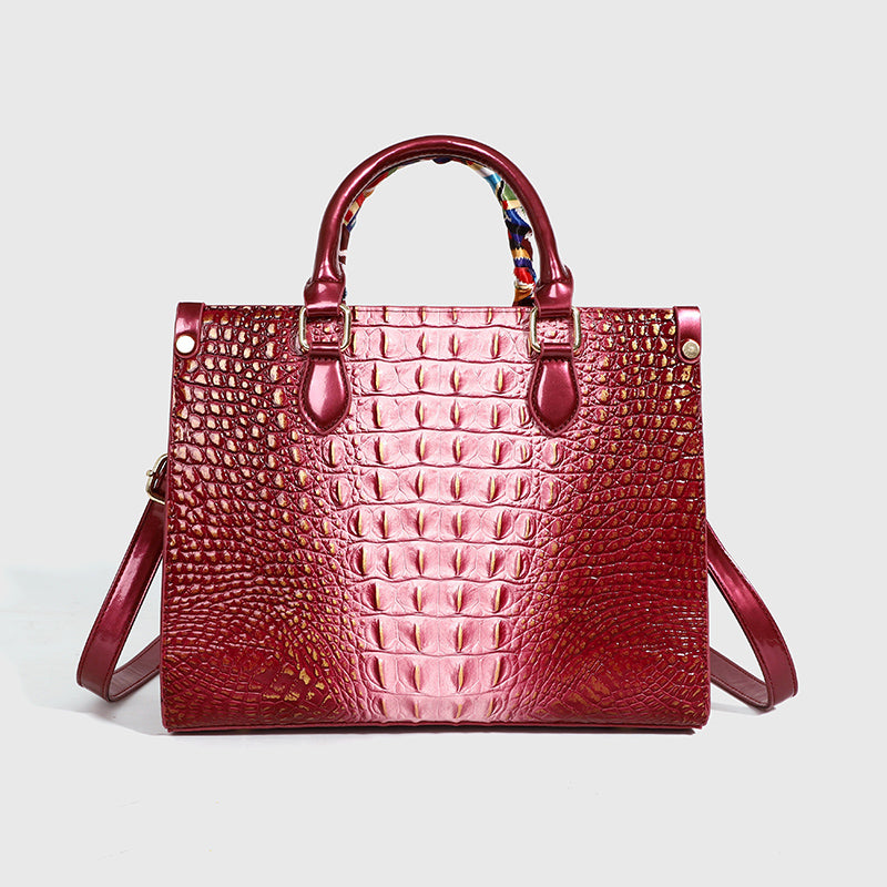 Fashionable golden crocodile patterned handbag with silk scarf