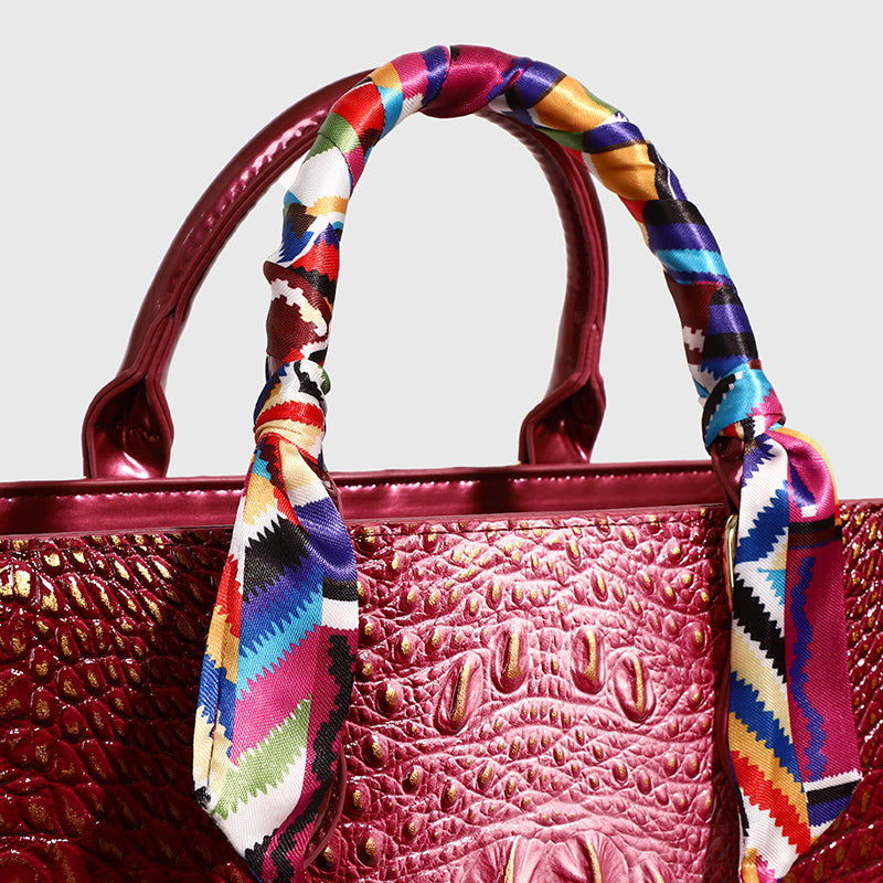 Fashionable golden crocodile patterned handbag with silk scarf