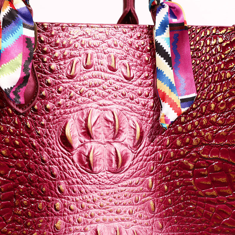 Fashionable golden crocodile patterned handbag with silk scarf