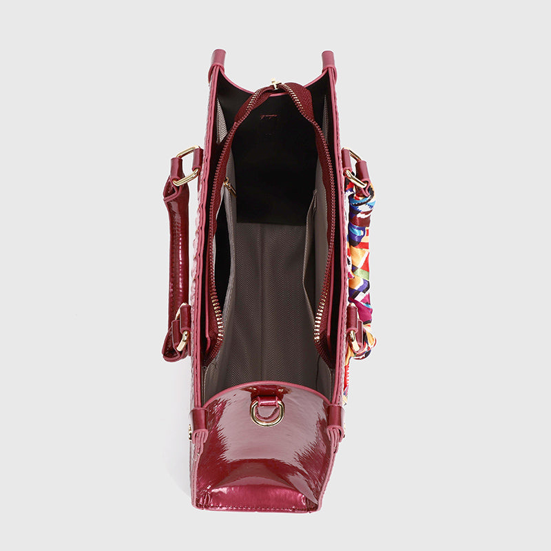 Fashionable golden crocodile patterned handbag with silk scarf